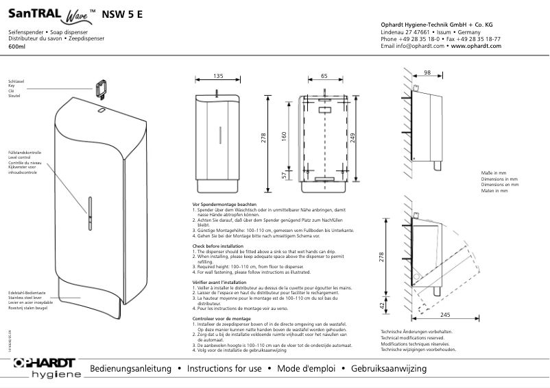Página 1 del manual Manual de usuario Ophardt SanTRAL Wave NSW 5 E