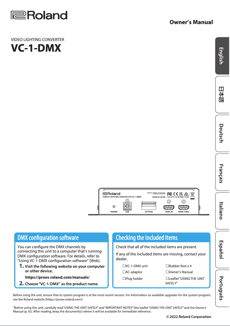 Imagen de la primera página del manual del dispositivo VC-1-DMX