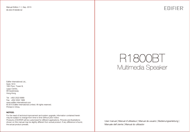 Imagen de la primera página del manual del dispositivo R1800BT