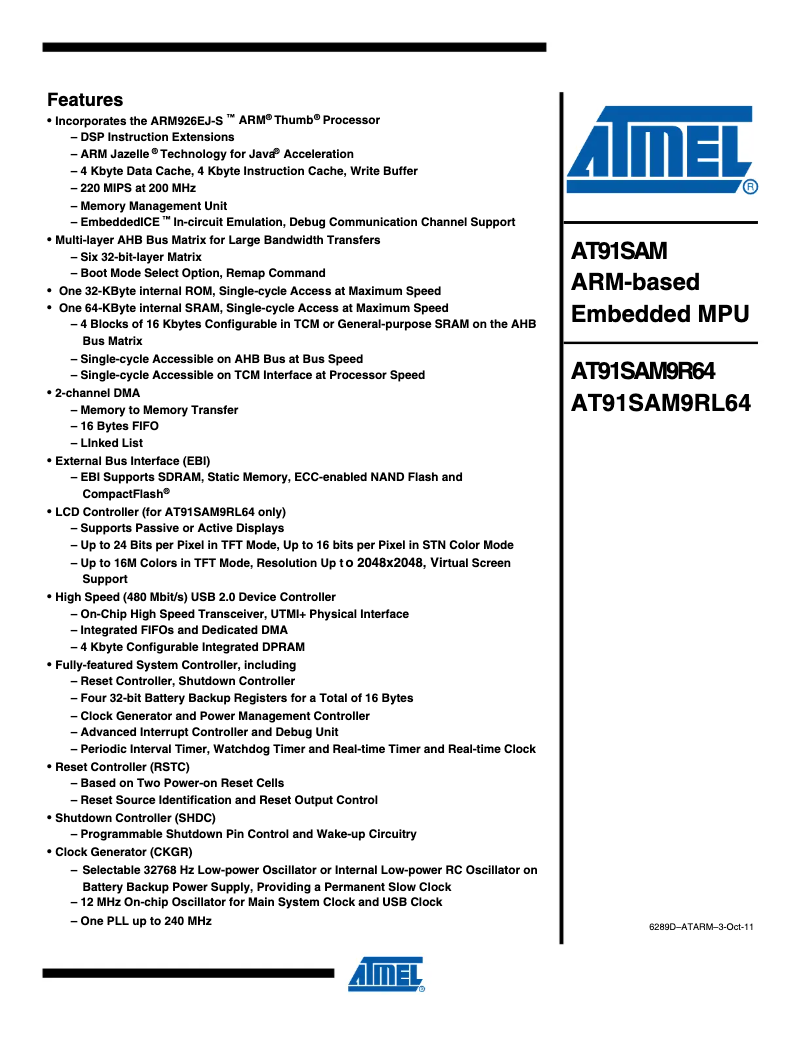 Imagen de la primera página del manual del dispositivo AT91SAM9RL64