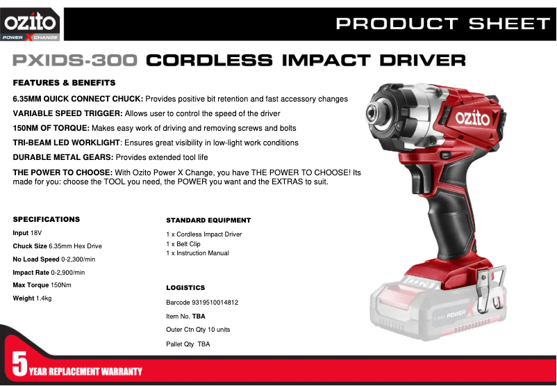 Página 1 del manual Ficha técnica Ozito PXIDS-300