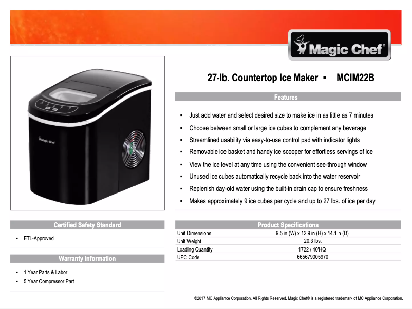 Página 1 del manual Ficha técnica Magic Chef MCIM22SV