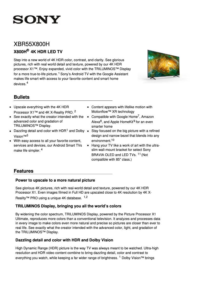 Imagen de la primera página del manual del dispositivo XBR55X800H