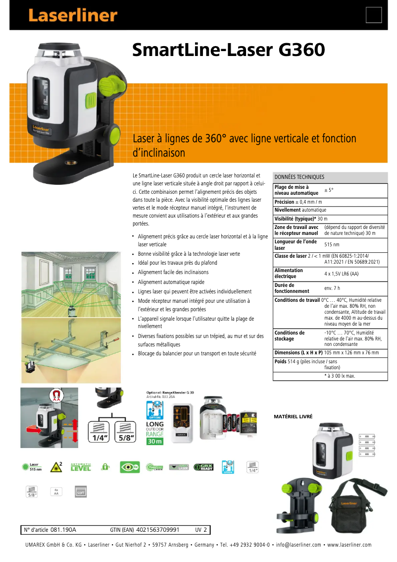 Página 1 del manual Ficha técnica Laserliner SmartLine-Laser G360