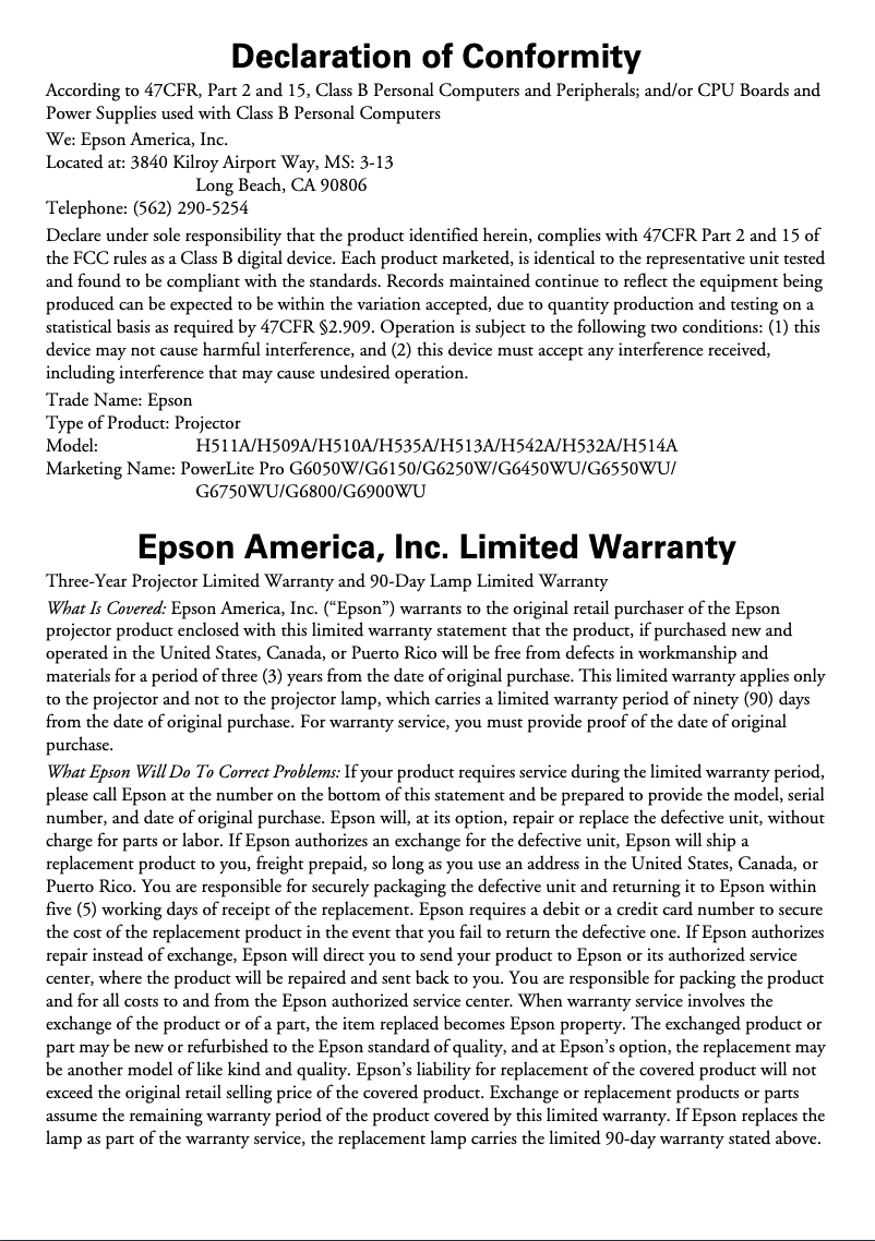 Página 1 del manual Información de garantía Epson PowerLite Pro G6450WU