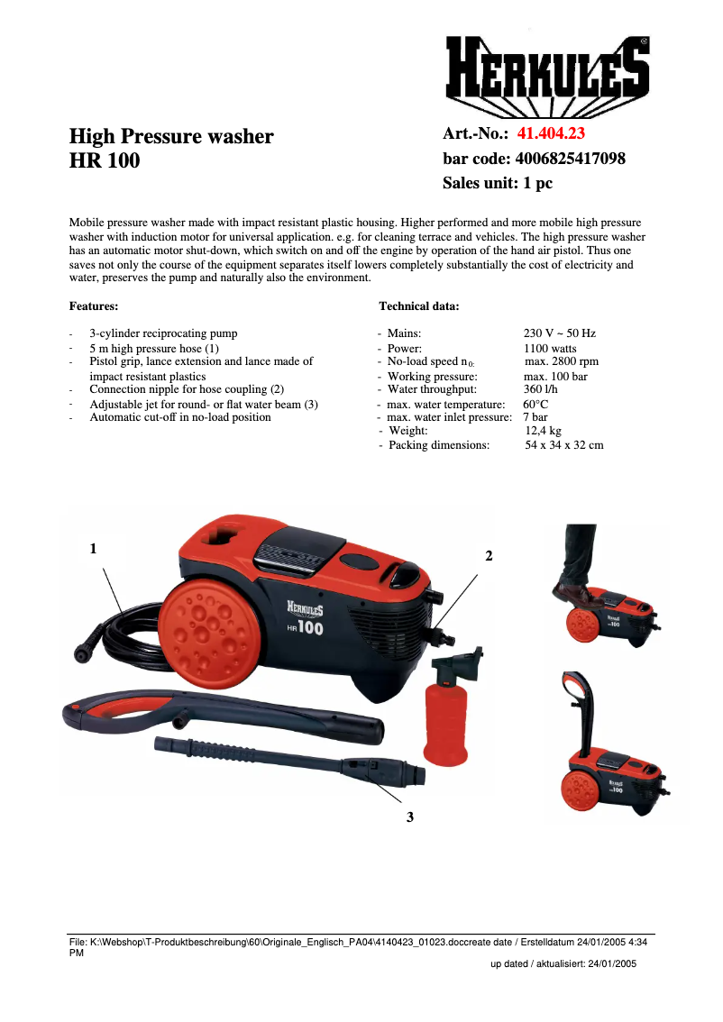Página 1 del manual Ficha técnica Herkules HR 100
