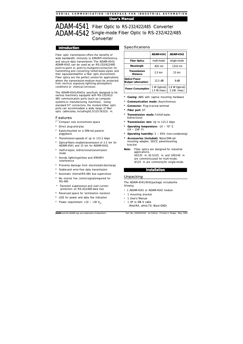 Imagen de la primera página del manual del dispositivo ADAM-4542+