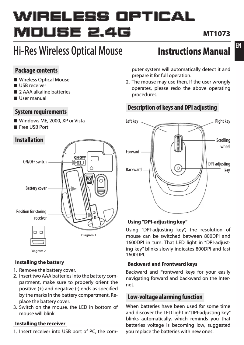 Imagen de la primera página del manual del dispositivo MT1073