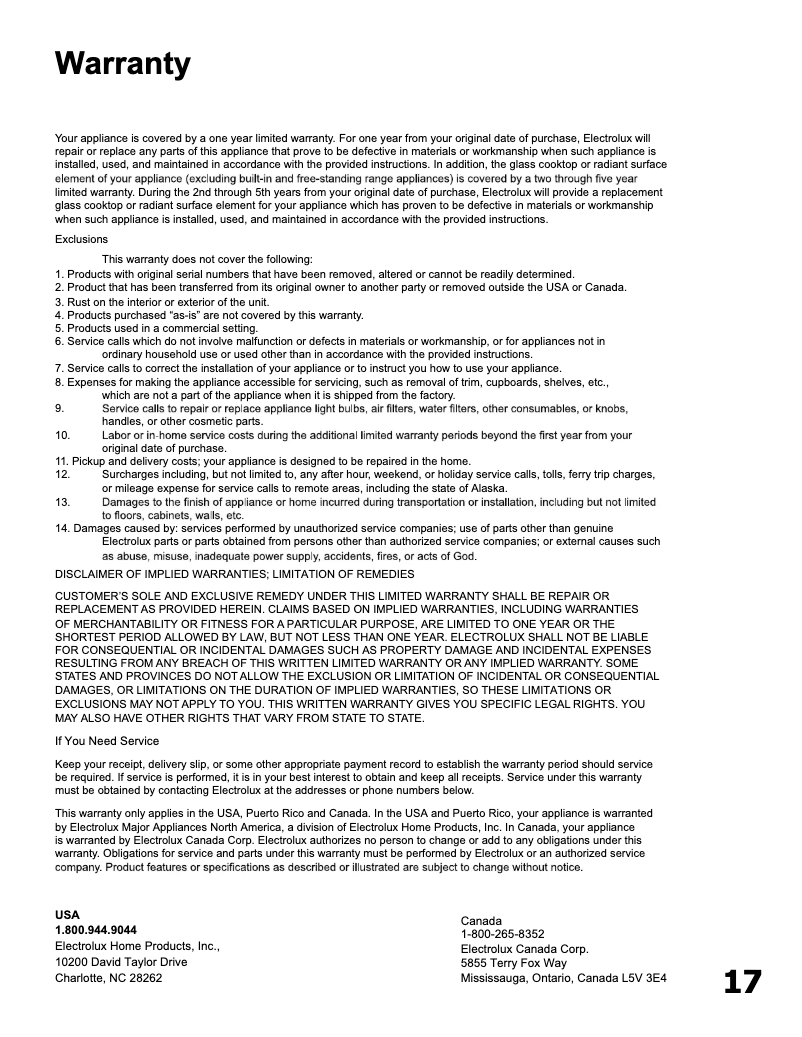 Página 1 del manual Información de garantía Frigidaire FHWC3640MS