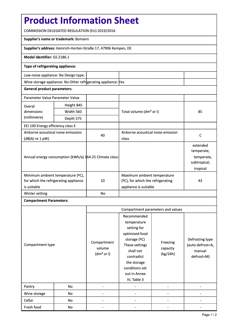 Página 1 del manual Ficha técnica Bomann GS 2186.1