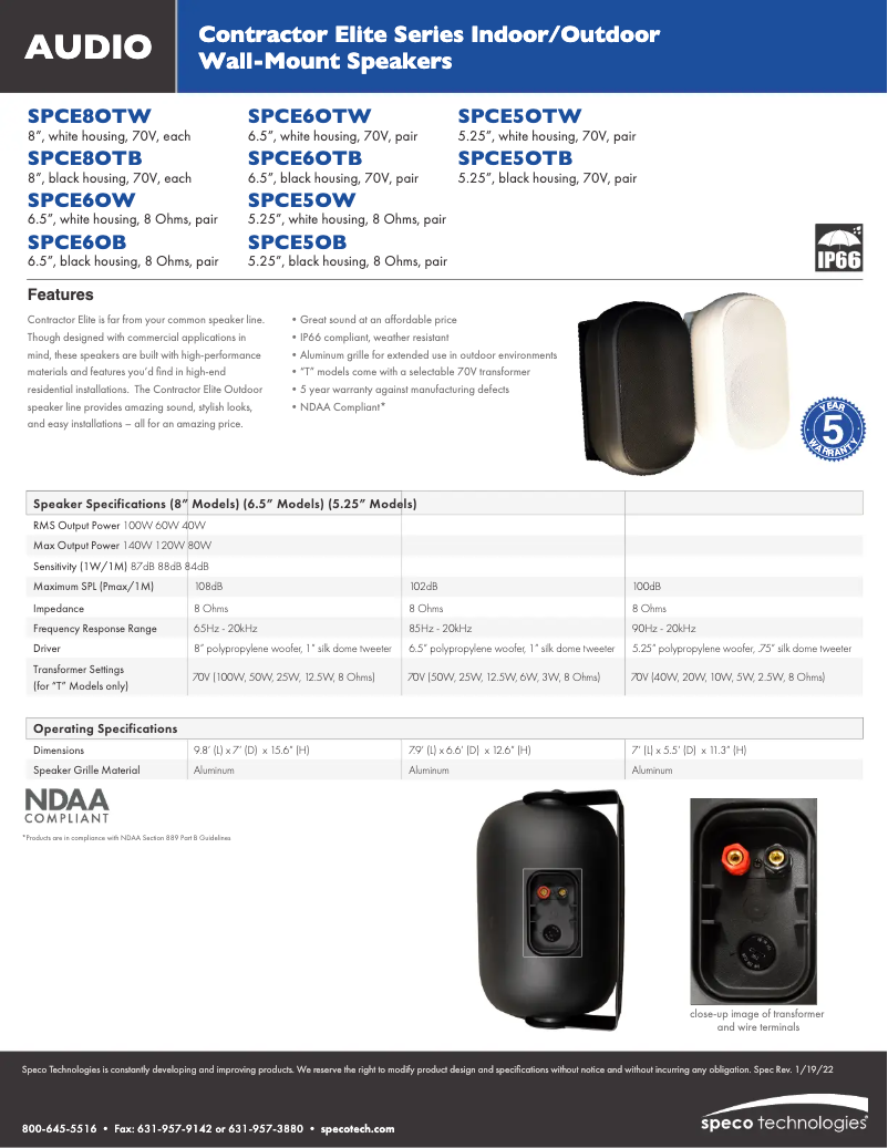 Página 1 del manual Ficha técnica Speco Technologies SPCE5OB