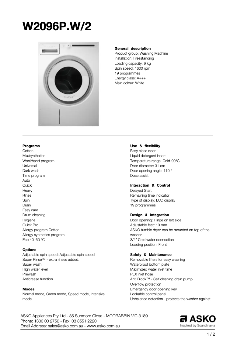 Página 1 del manual Ficha técnica Asko W2096P