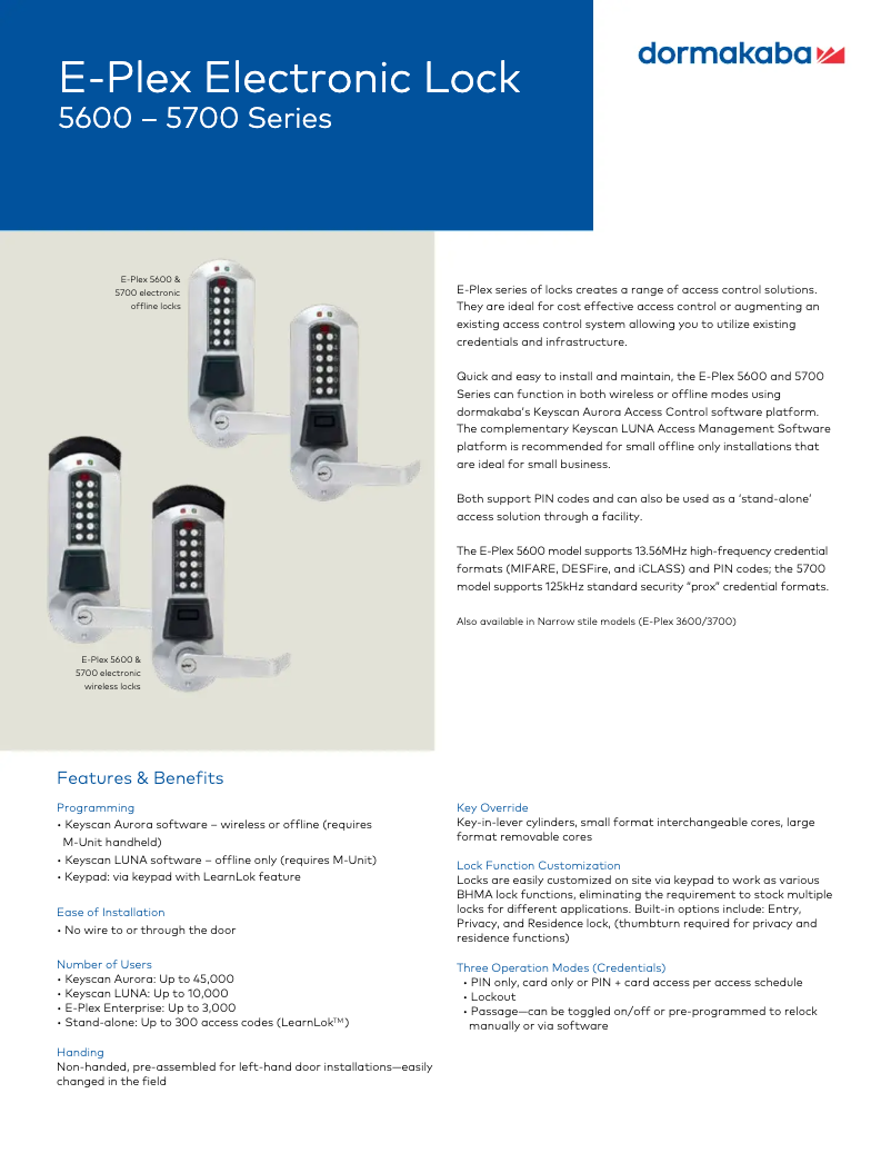 Página 1 del manual Ficha técnica Dormakaba E-Plex 5x00