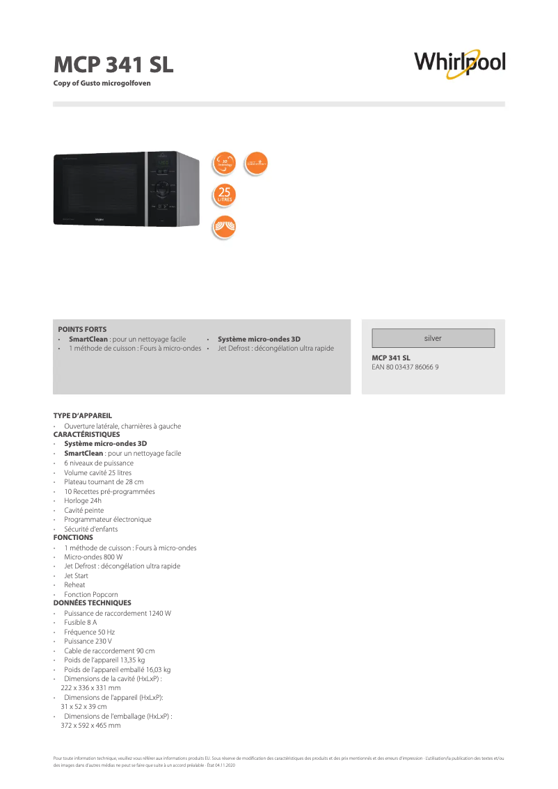 Página 1 del manual Ficha técnica Whirlpool ChefPlus MCP 341