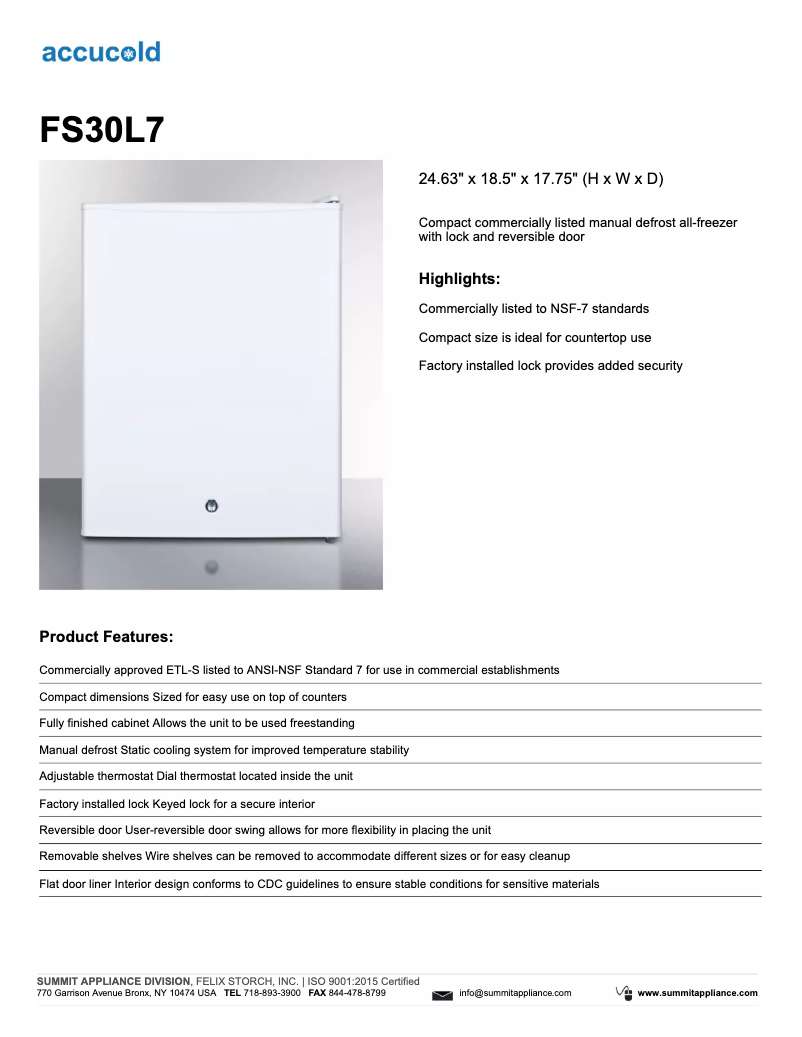 Imagen de la primera página del manual del dispositivo Accucold FS30L7