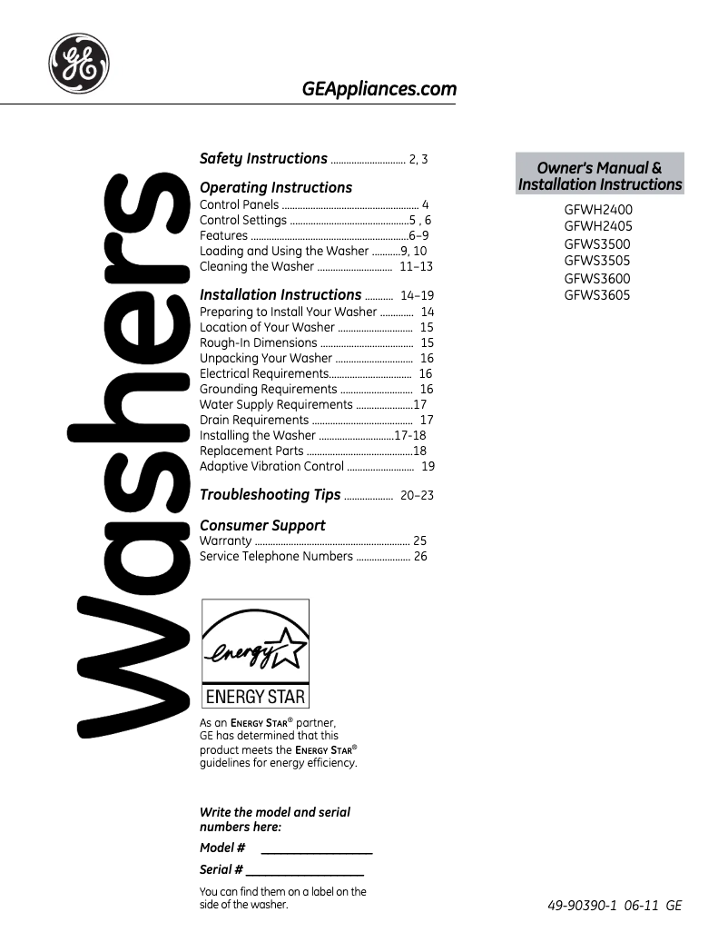 Página 1 del manual Guía de instalación GE GFWH2405LMS