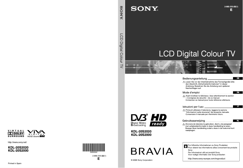 Página 1 del manual Manual de usuario Sony Bravia KDL-20S2020