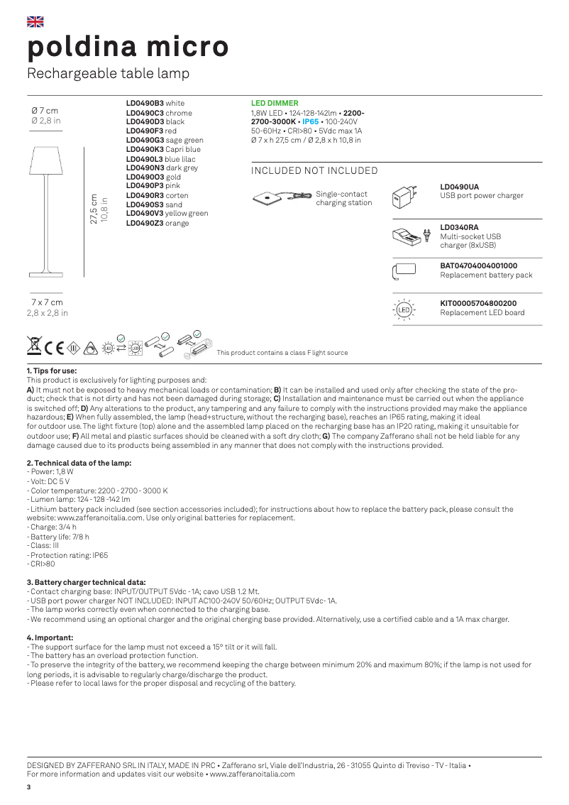 Página nº 1 - Manual de usuario Zafferano Poldina Pro Micro
