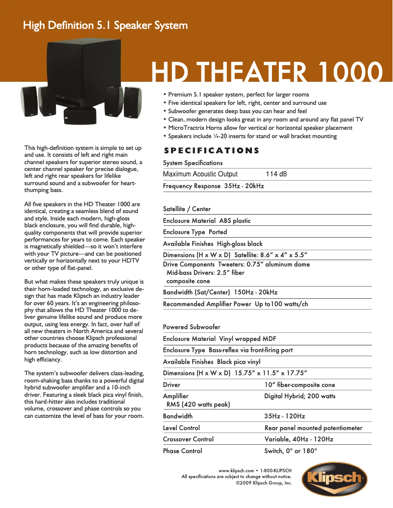 Página 1 del manual Ficha técnica Klipsch HD Theater 1000