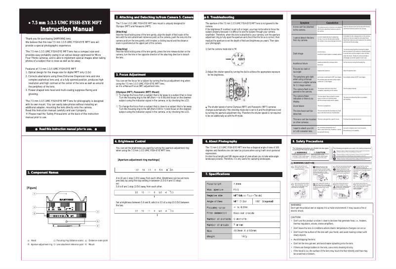 Imagen de la primera página del manual del dispositivo 7.5mm f/3.5 Micro Four Thirds
