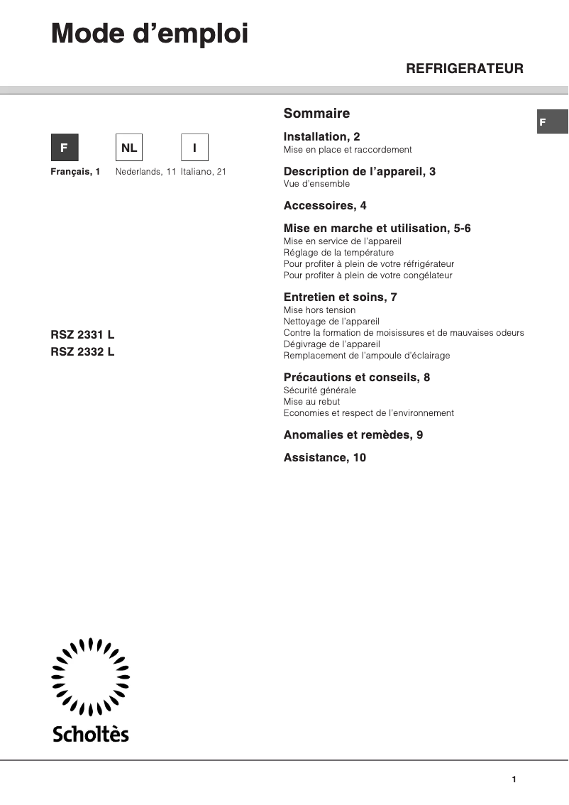 Página 1 del manual Manual de usuario Scholtès RSZ 2332 L