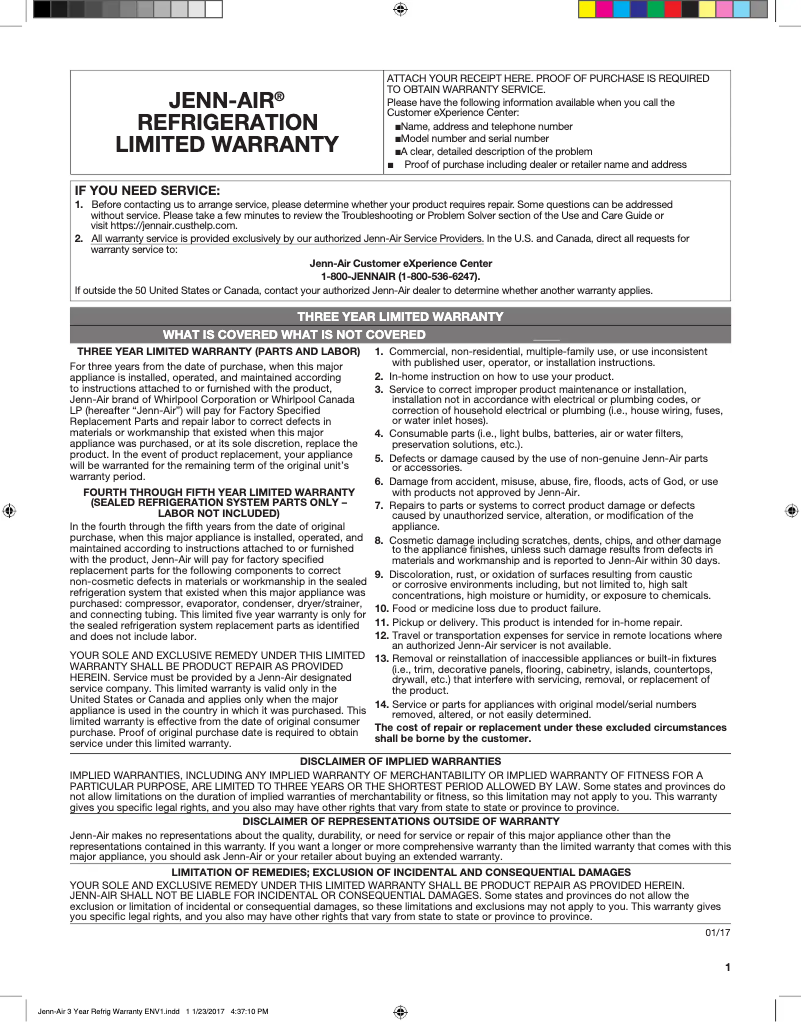 Página 1 del manual Información de garantía JennAir JIM159XYRS