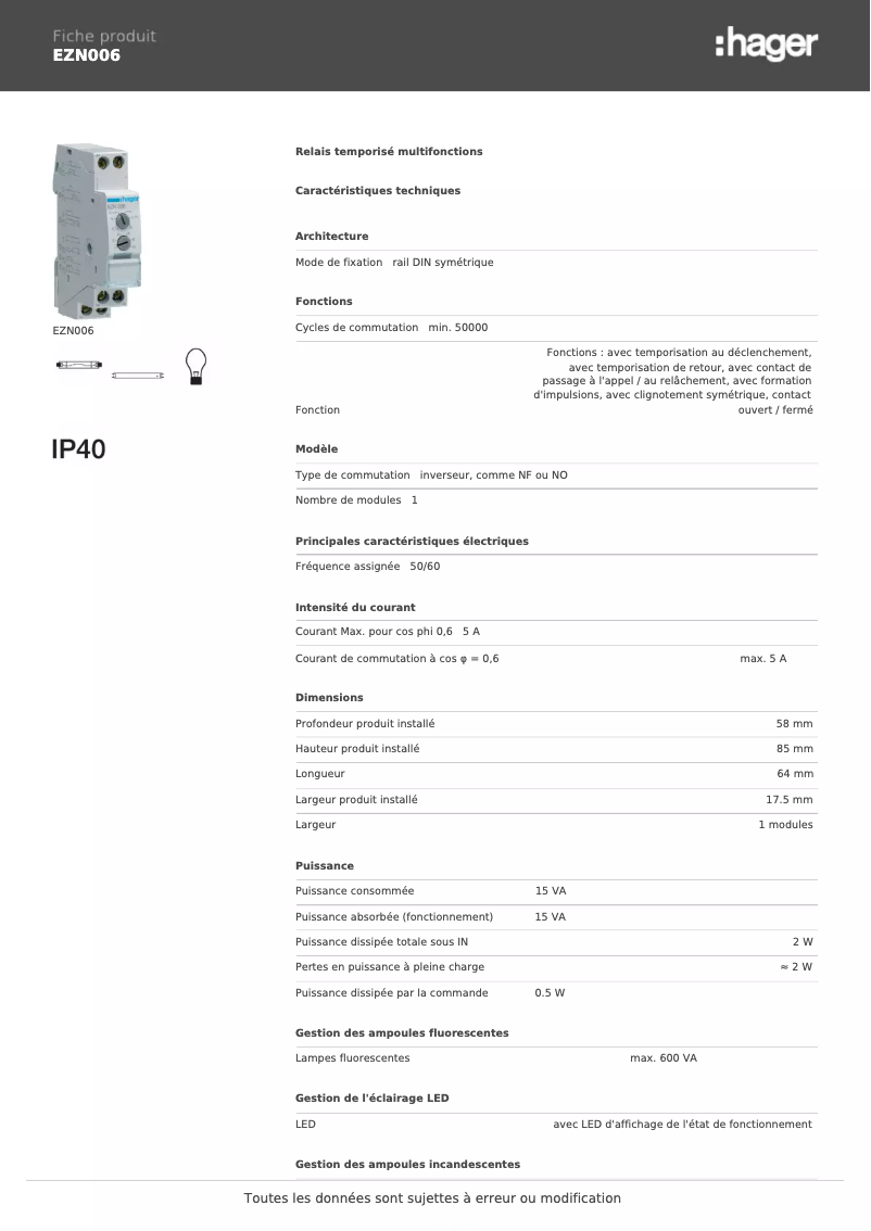 Página 1 del manual Ficha técnica Hager EZN006