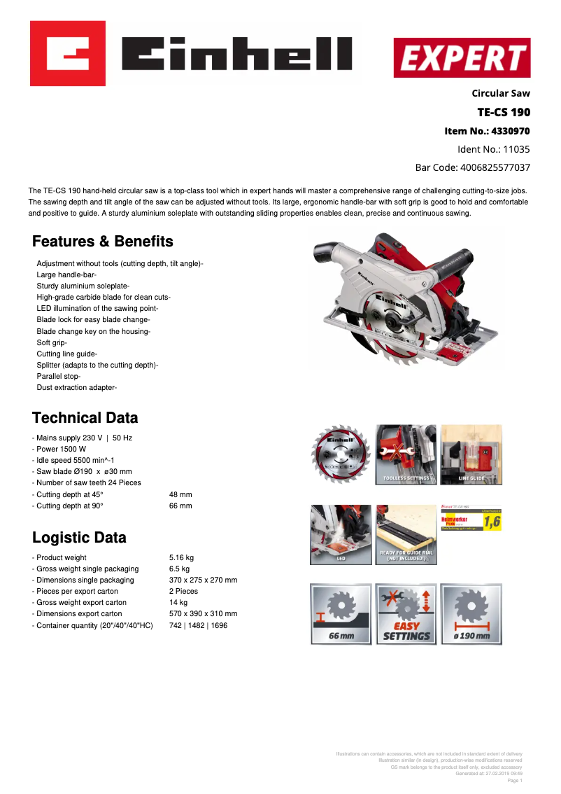 Página 1 del manual Ficha técnica Einhell TE-CS 190