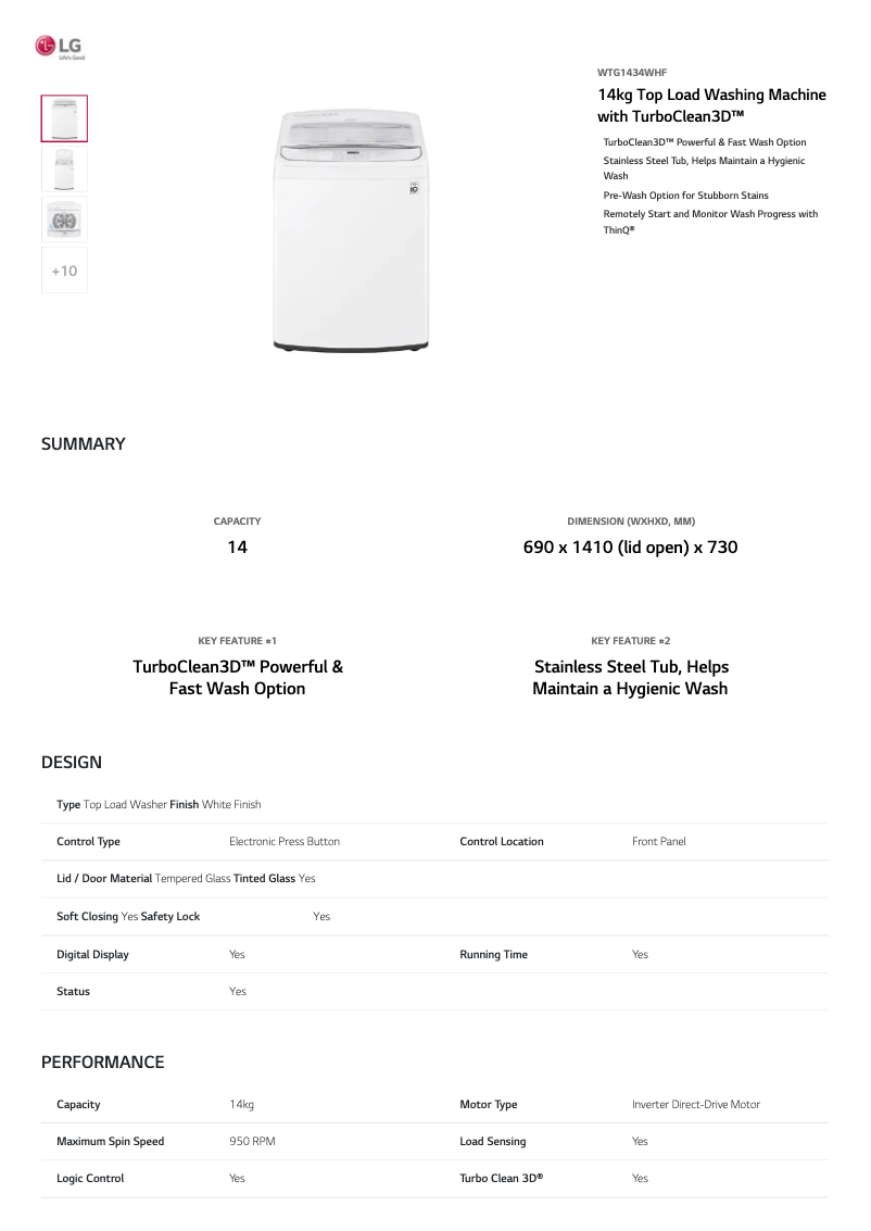 Página 1 del manual Ficha técnica LG WTG1434WHF