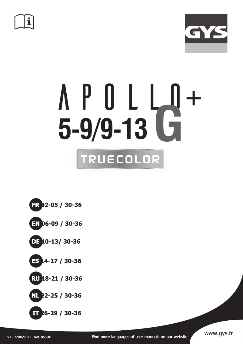 Página nº 1 - Manual de usuario GYS LCD Apollo+ 5/9-9/13 G