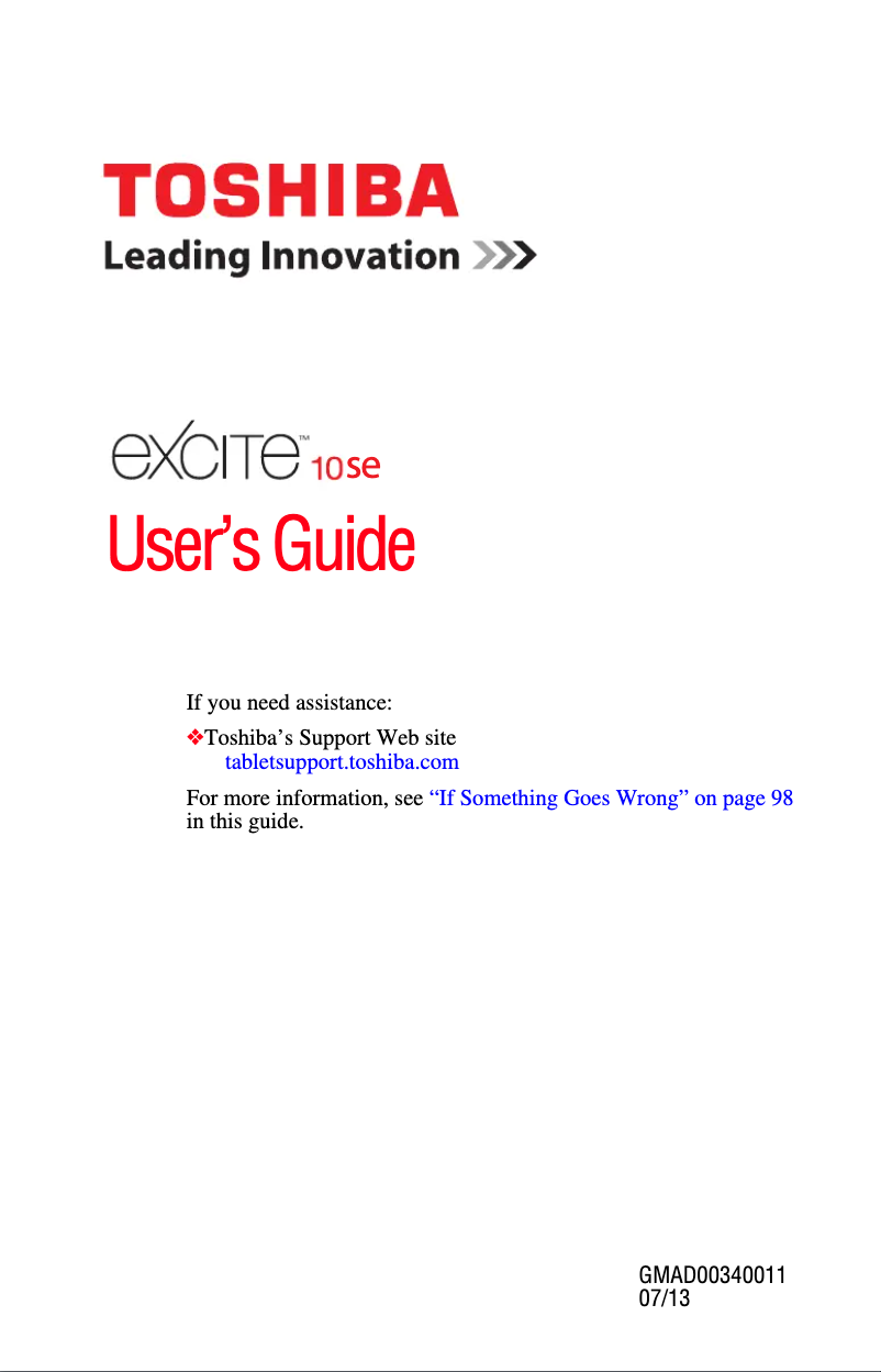 Imagen de la primera página del manual del dispositivo Excite 10 SE