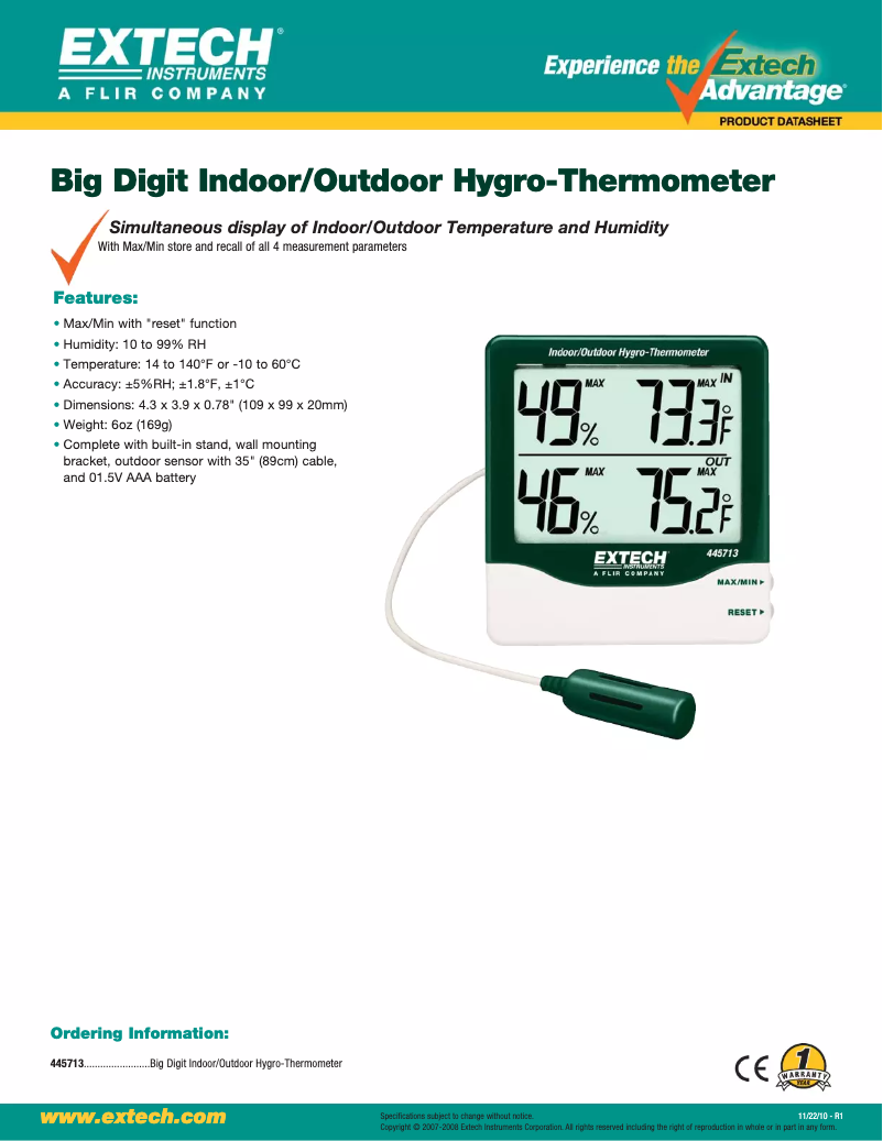 Página 1 del manual Ficha técnica Extech 445713