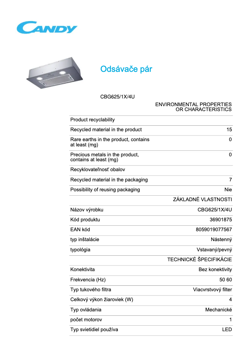 Página 1 del manual Ficha técnica Candy CBG625/1X/4U