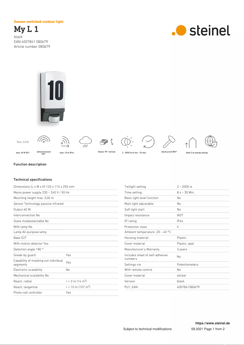 Página 1 del manual Ficha técnica Steinel My L 1