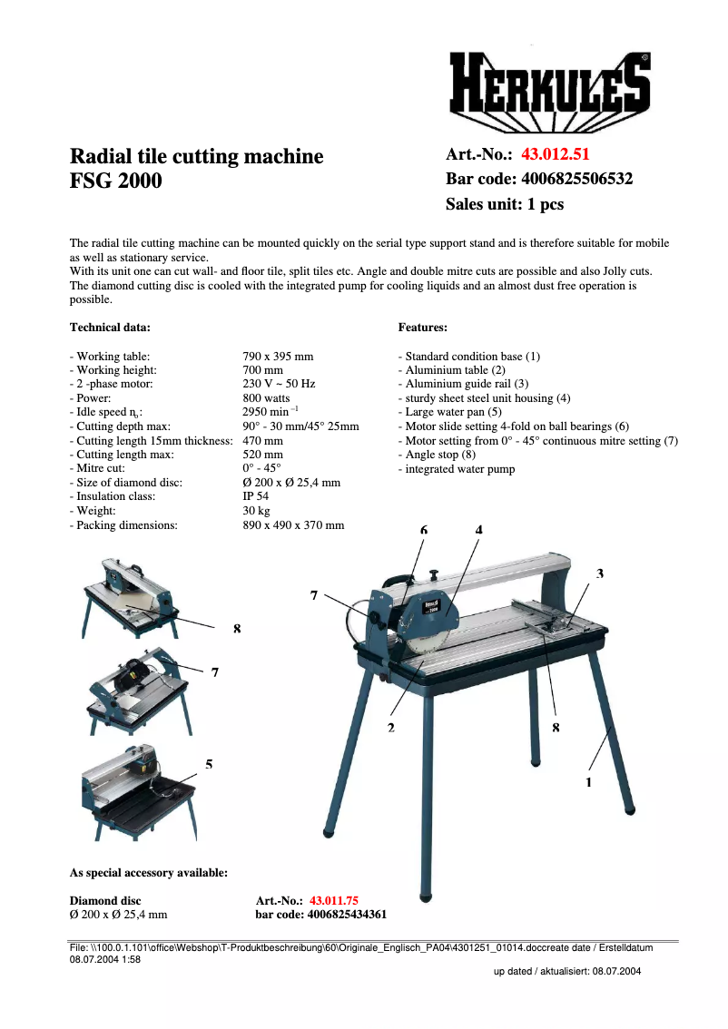 Página 1 del manual Ficha técnica Herkules FSG 2000