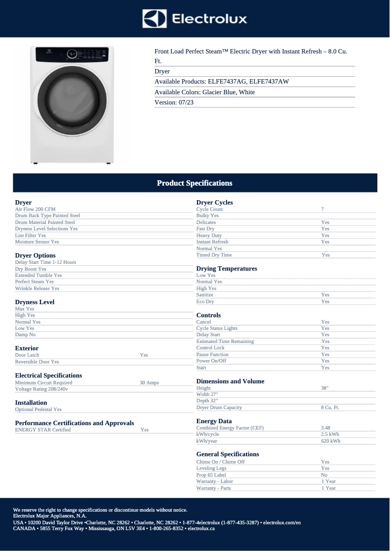 Página 1 del manual Ficha técnica Electrolux ELFE7437AG