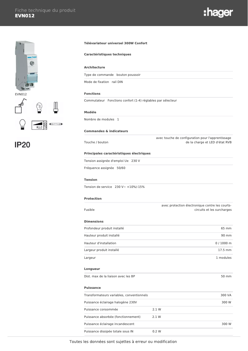 Página 1 del manual Ficha técnica Hager EVN012