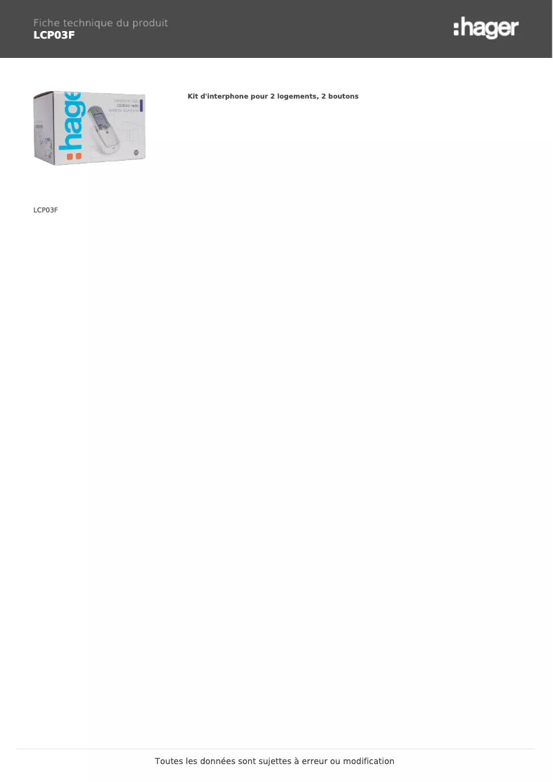 Página 1 del manual Ficha técnica Hager LCP03F