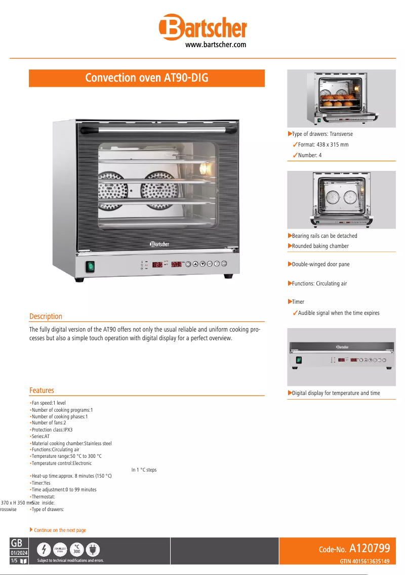 Página 1 del manual Ficha técnica Bartscher AT90-DIG