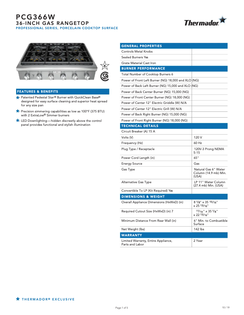 Página 1 del manual Ficha técnica Thermador PCG366W