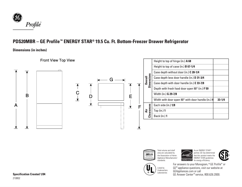 Página 1 del manual Ficha técnica GE Profile PDS20MBRCC