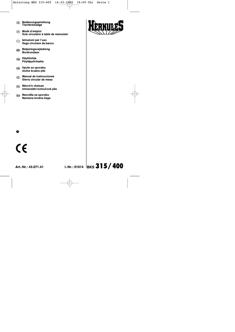 Imagen de la primera página del manual del dispositivo BKS 315/400