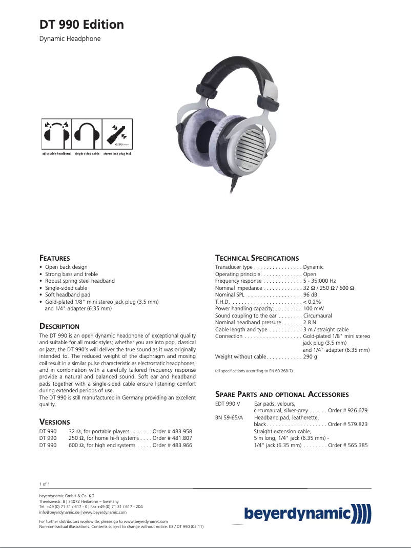 Página 1 del manual Manual de usuario Beyerdynamic DT 990 Edition
