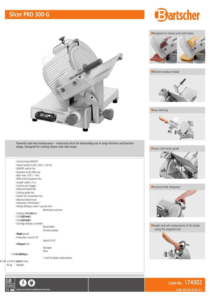 Página 1 del manual Ficha técnica Bartscher PRO 300