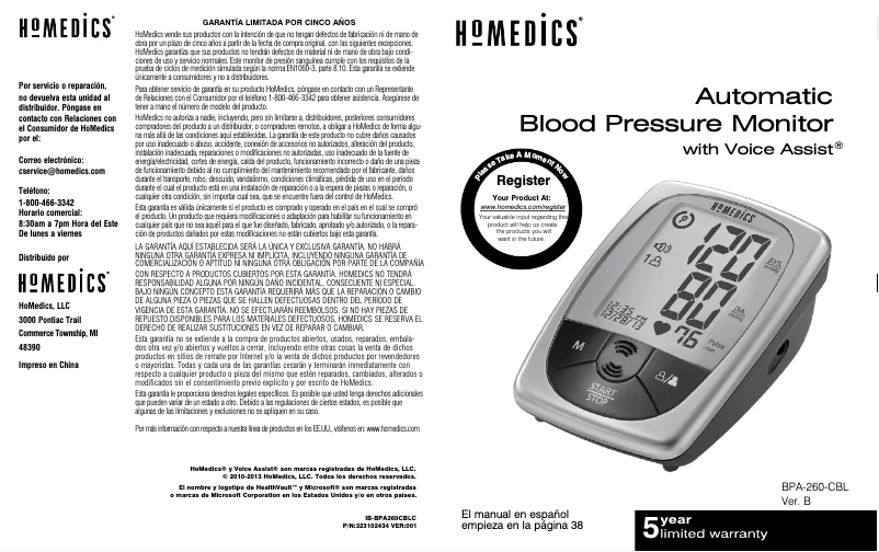 Página 1 del manual Manual de usuario Homedics BPA-260-CBL