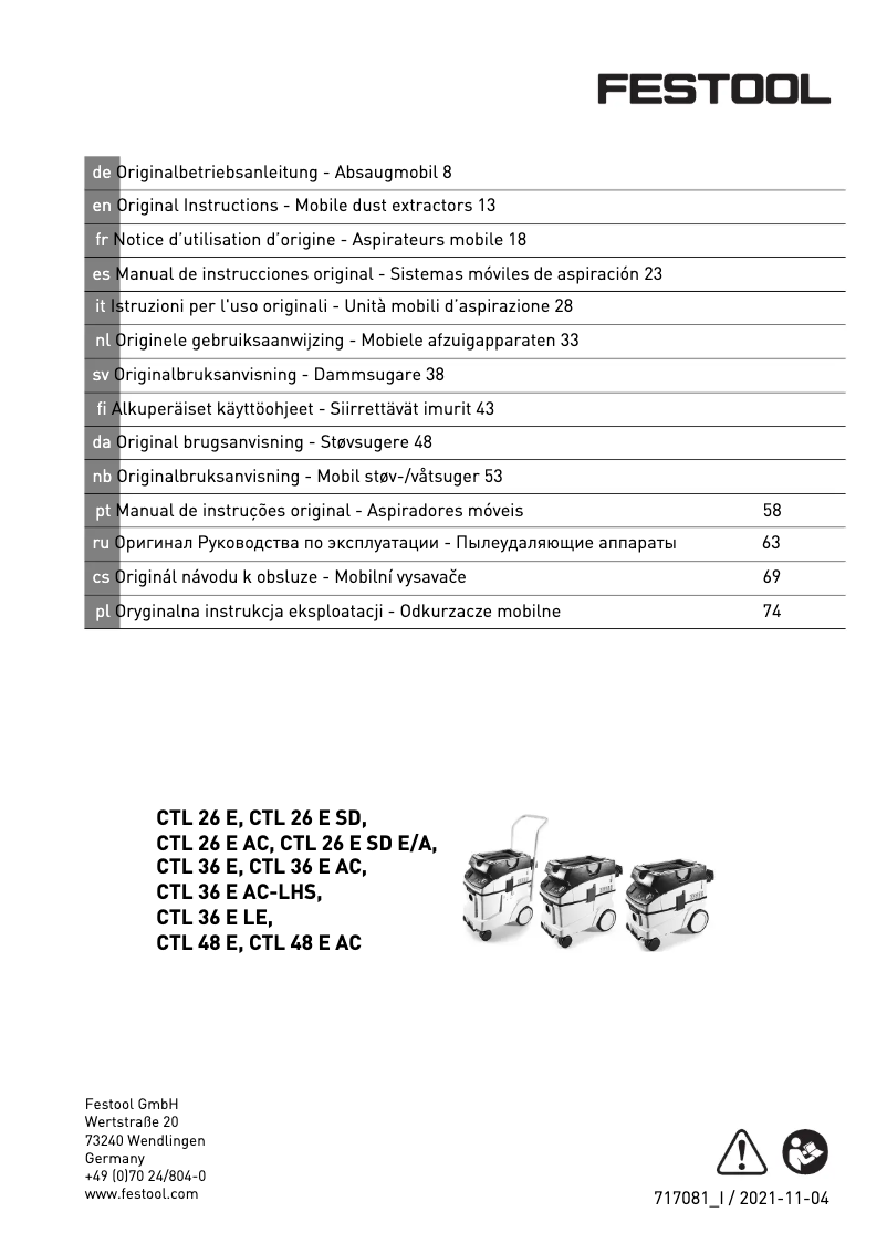 Página nº 1 - Manual de usuario Festool Cleantec CTL 36 AC