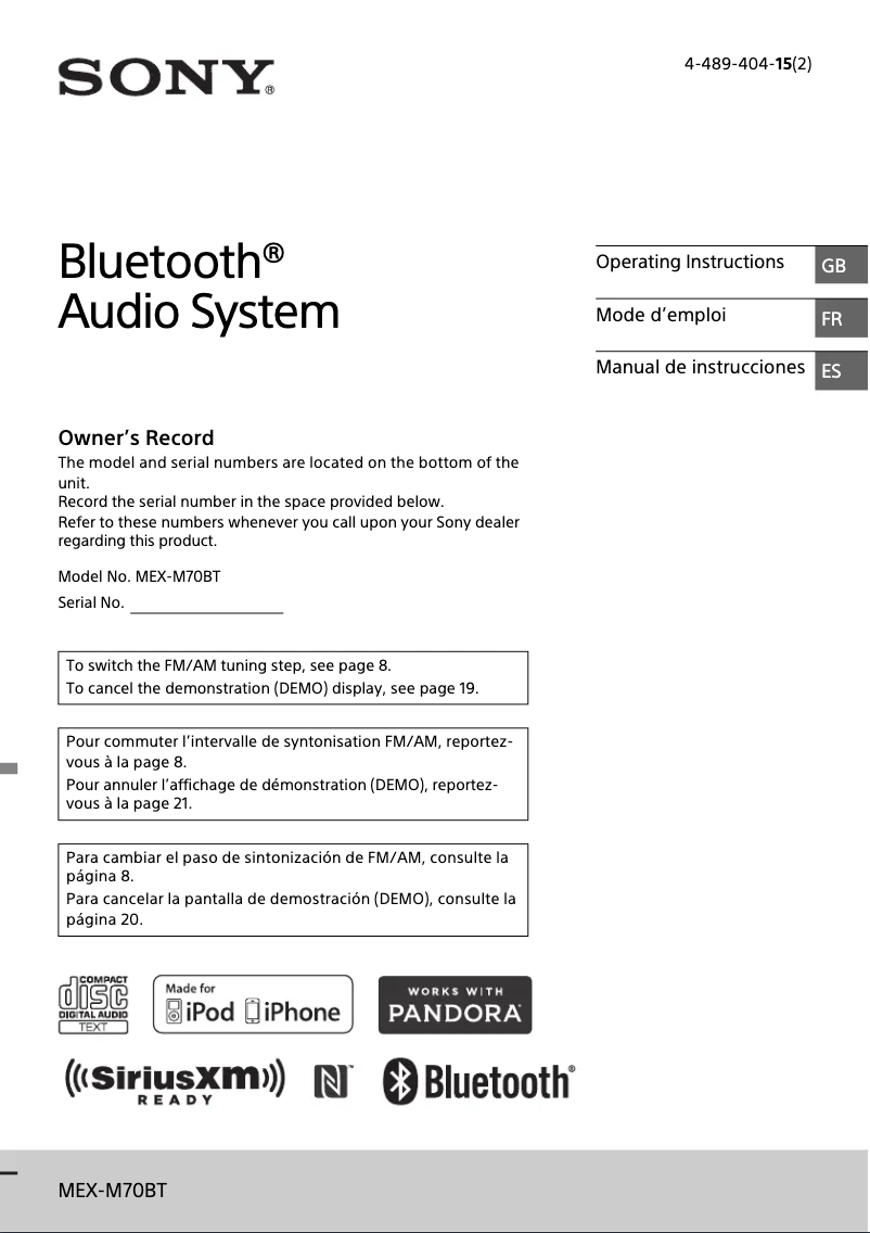 Imagen de la primera página del manual del dispositivo MEX-M70BT