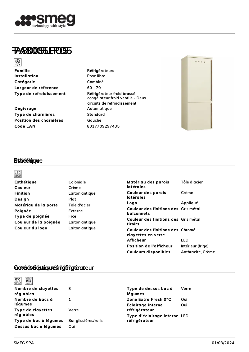 Página 1 del manual Ficha técnica Smeg FA8005LPO5