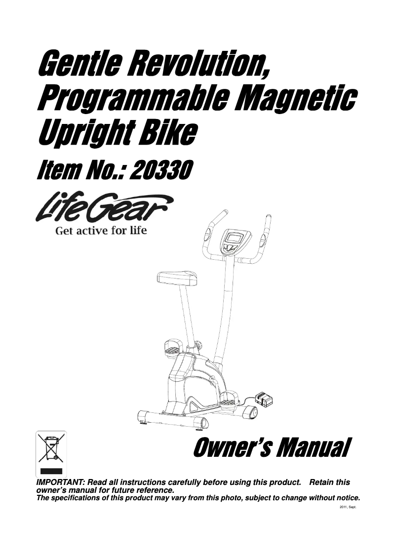 Página 1 del manual Manual de usuario Life Gear Gentle Revolution Programmable Magnetic Upright Bike 20330
