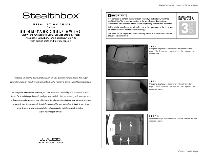 Imagen de la primera página del manual del dispositivo Stealthbox SB-GM-TAHOCNSL/10W1v3